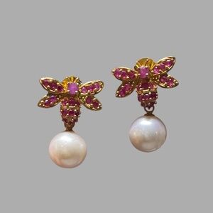 Gold Filled Sterling Silver Genuine Ruby and Freshwater Pearl Bee Earrings